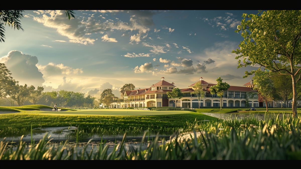 Panoramic view of a golf resort with elegant club house.