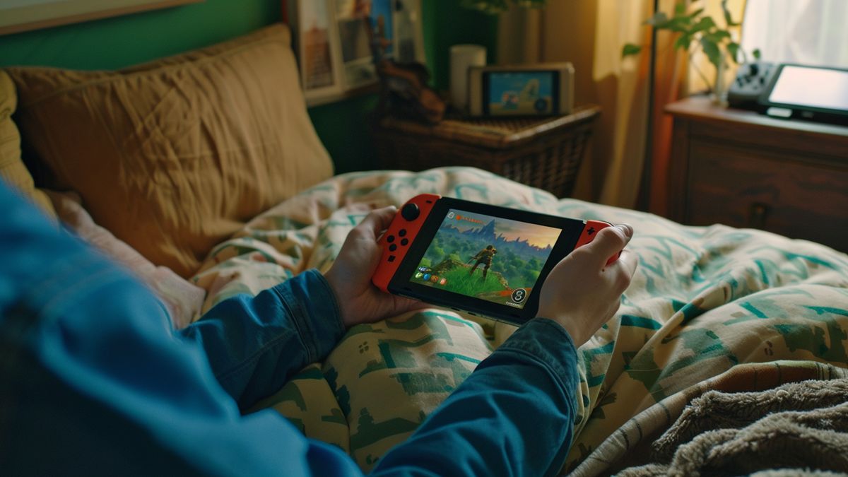 Person playing a game on the Nintendo Switch with extra storage.