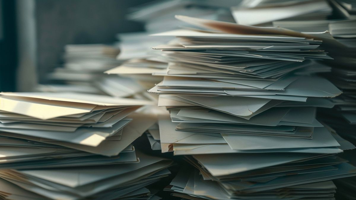 Stack of envelopes with entries ready to be sent out for various contests.