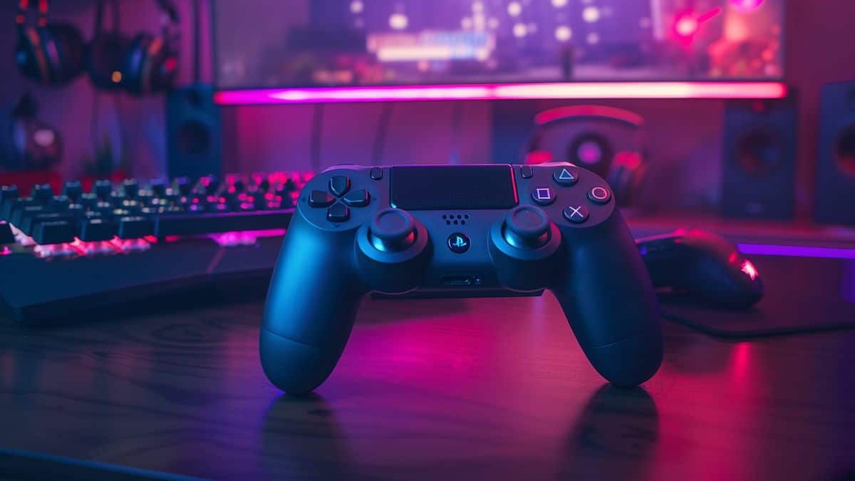DualSense controller on a gaming desk, ready for an intense gaming session.