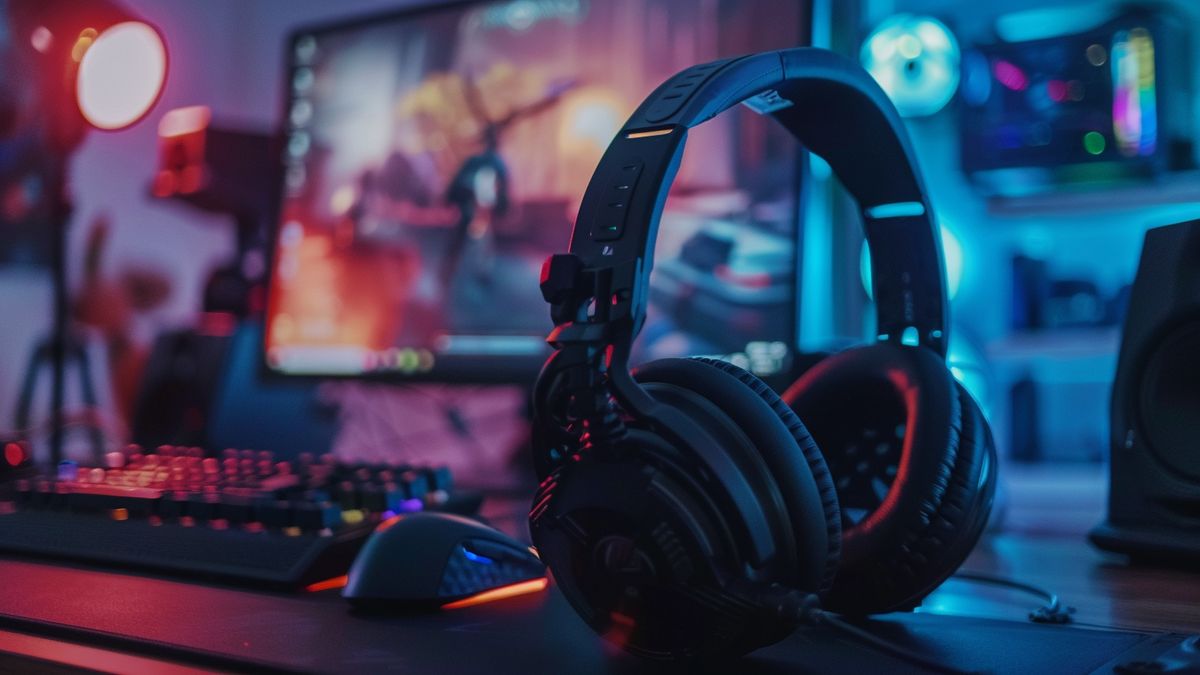 Gaming setup with a wired headset for a competitive gaming session.
