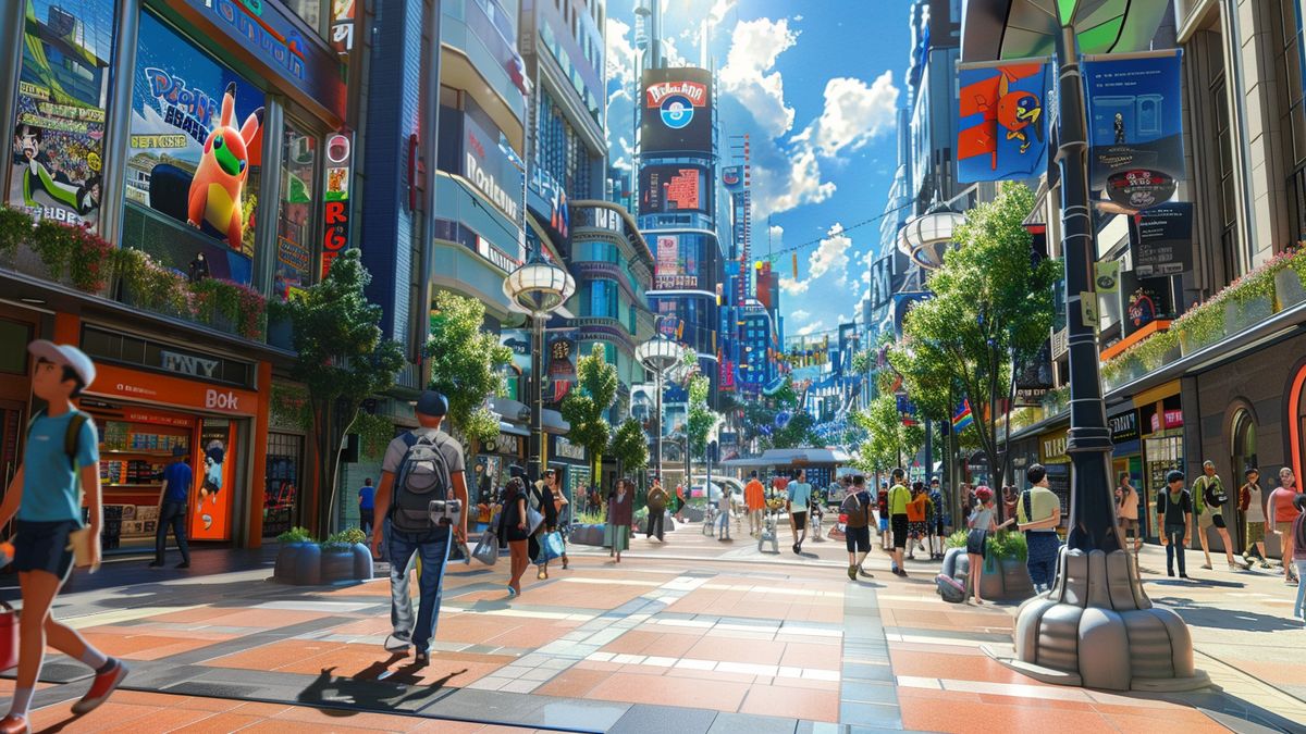 Calle concurrida de la ciudad con múltiples Poképaradas y Arenas, donde los jugadores se reúnen para atrapar Pokémon.