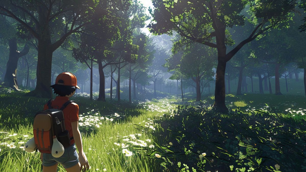 A player exploring a forest, searching for Pokémon in a natural setting.