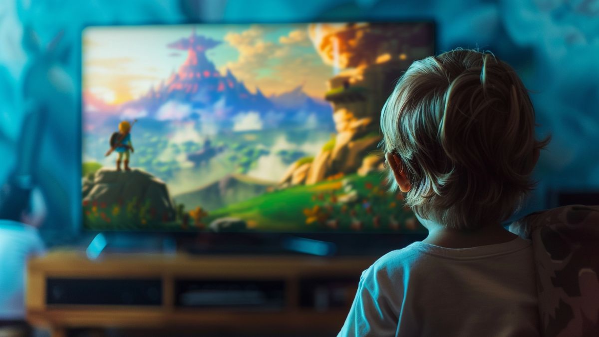 Child playing the latest Zelda game on the OLED version console.