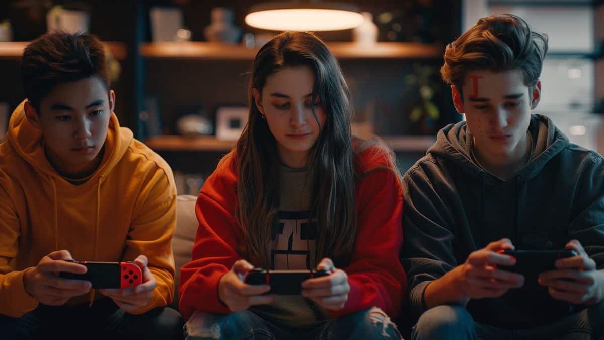 Grupo de amigos jugando juegos multijugador en Nintendo Switch.