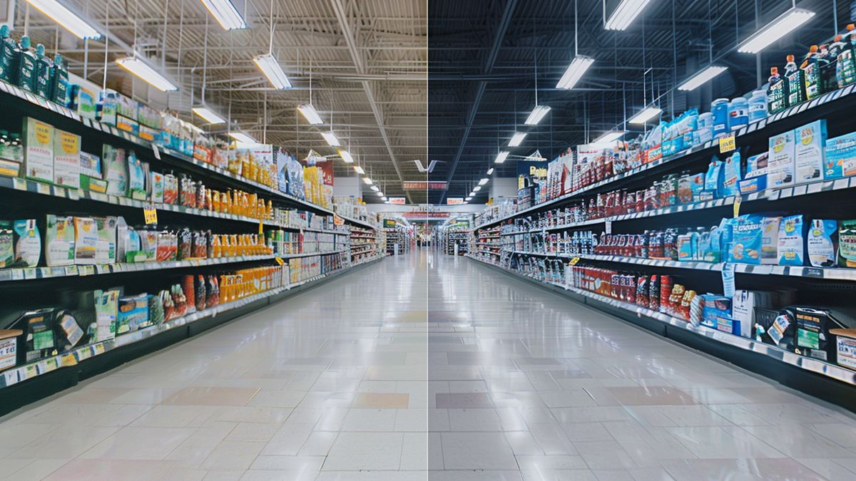 Comparación del rendimiento de las ventas: dos imágenes una al lado de la otra de pasillos de tiendas llenos y vacíos.