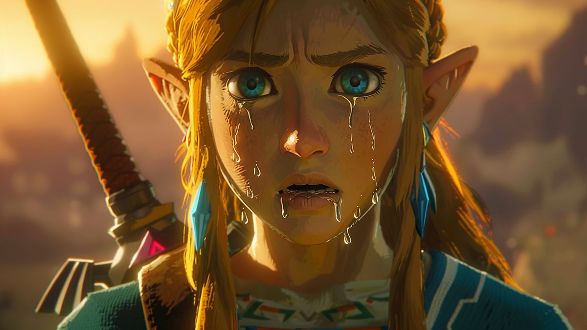 Closeup of a gamer shedding a tear while playing Zelda game.