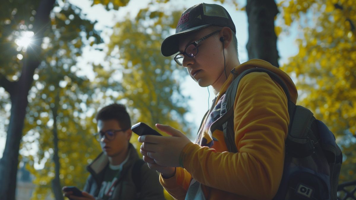 Young European athletes playing Pokémon GO in a park in Paris.