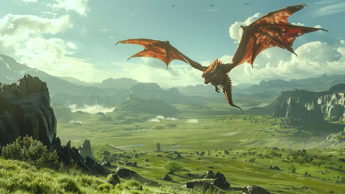트레일러 장면에서 녹색 평원 위를 날아다니는 유명한 Rathalos 괴물.