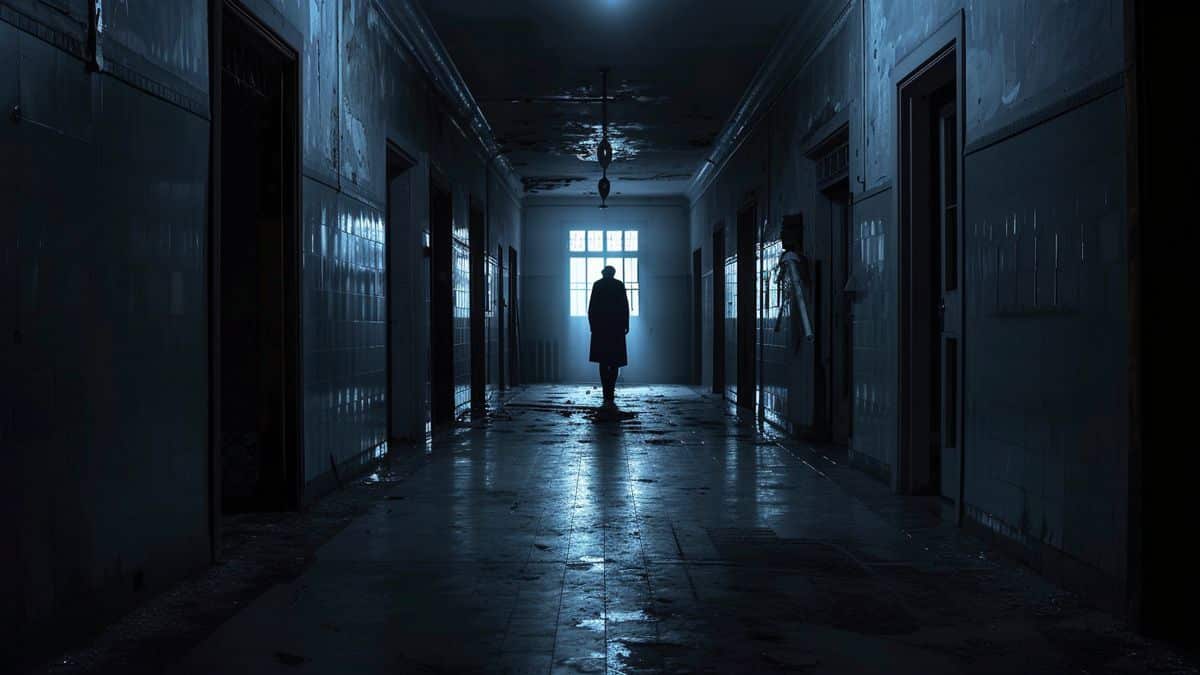 Encounter a terrifying enemy in a dark, abandoned asylum hallway.