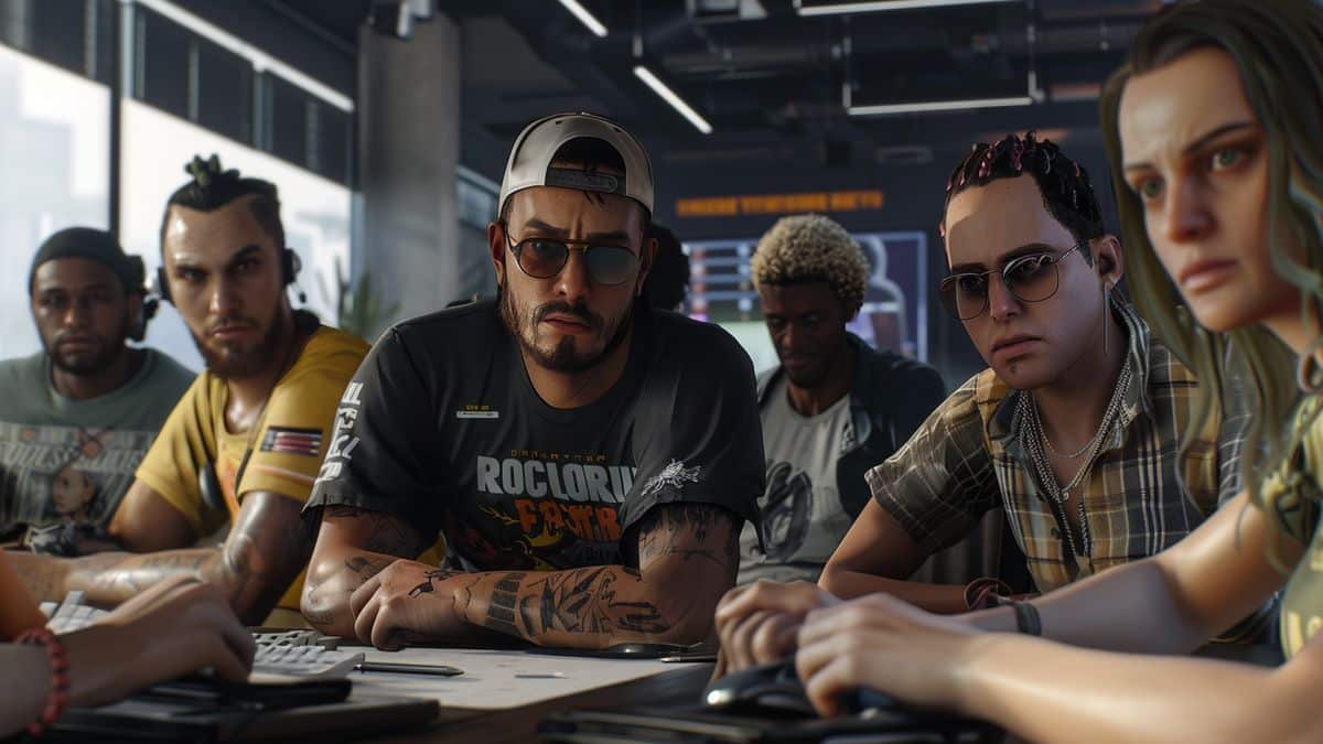 Un grupo de desarrolladores de juegos exhaustos discutiendo los plazos en Rockstar Games.