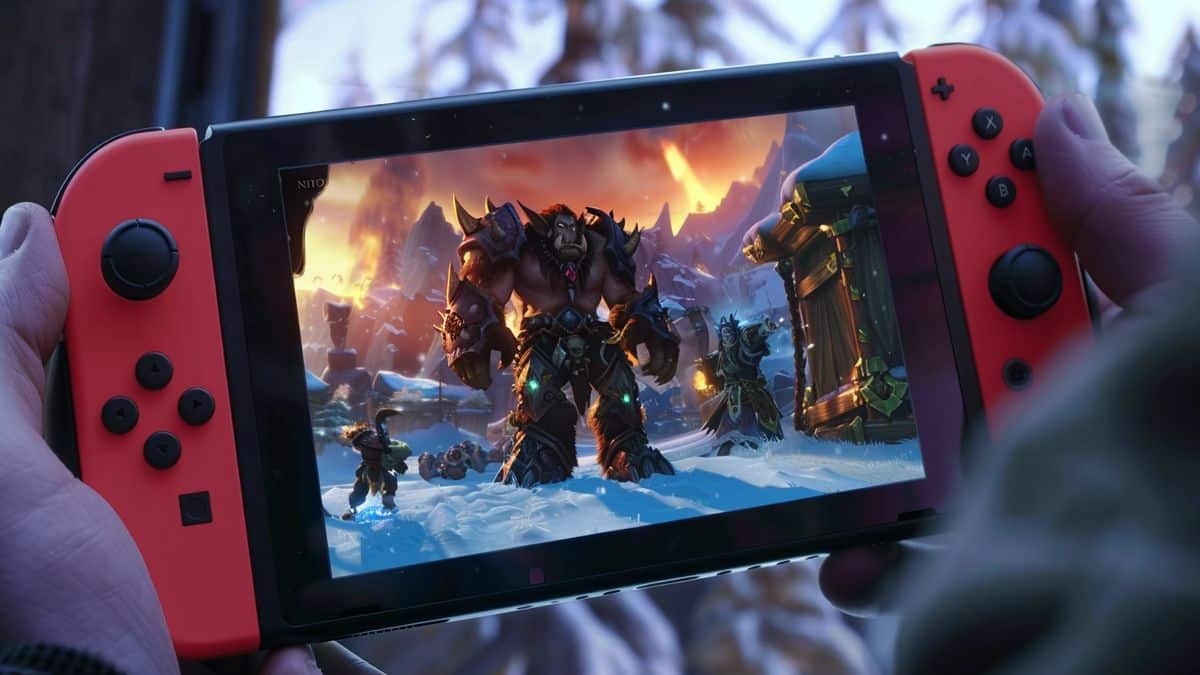 월드 오브 워크래프트(World of Warcraft)를 해상도로 표시하는 Nintendo Switch 화면의 근접 촬영.