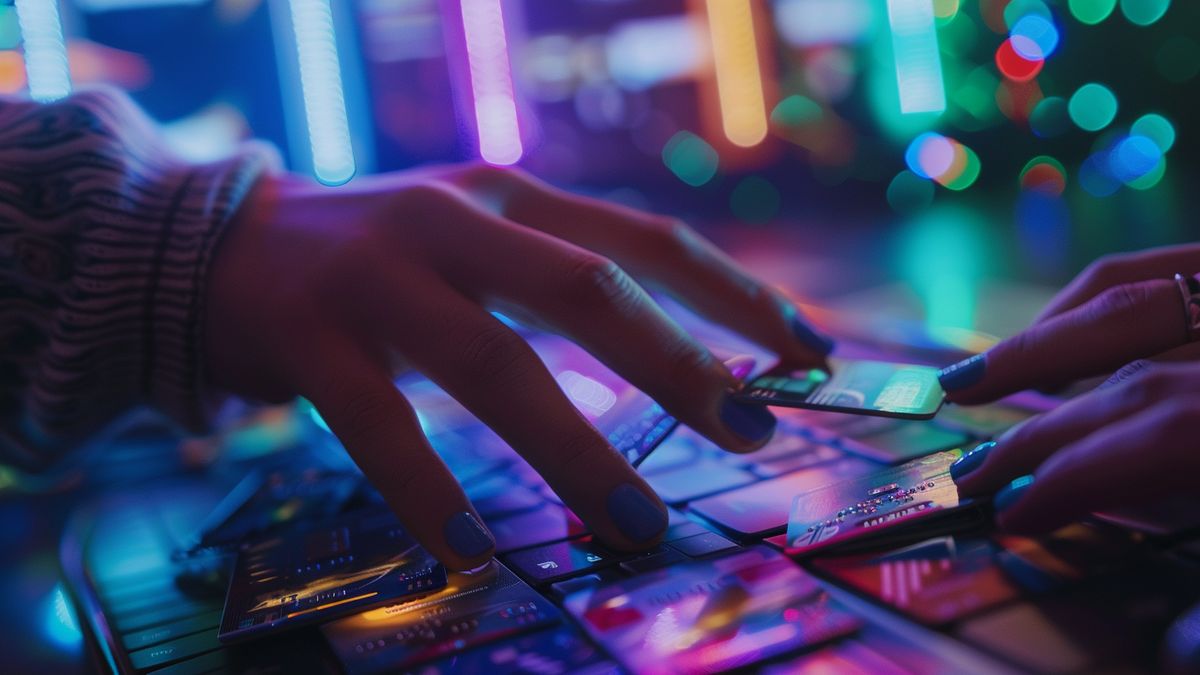 Hands reaching out to grab virtual gift cards on a computer screen.