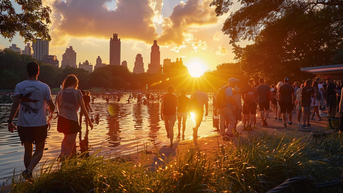 Stunning sunset backdrop as trainers hunt for Pokémon in Central Park.