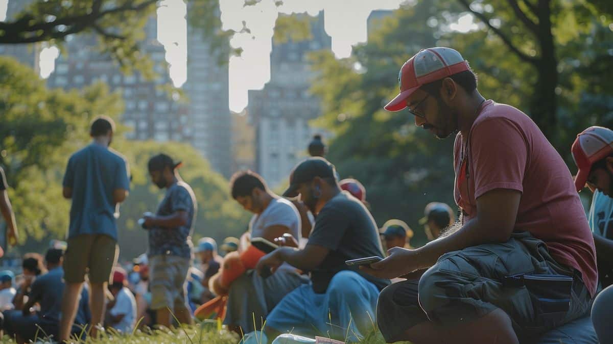 Players gathering in Central Park, New York, sharing tips for Pokémon Go.
