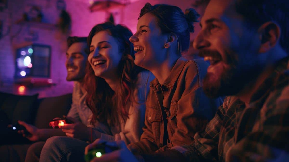 Joyful laughter and friendly rivalries during a multiplayer gaming session.