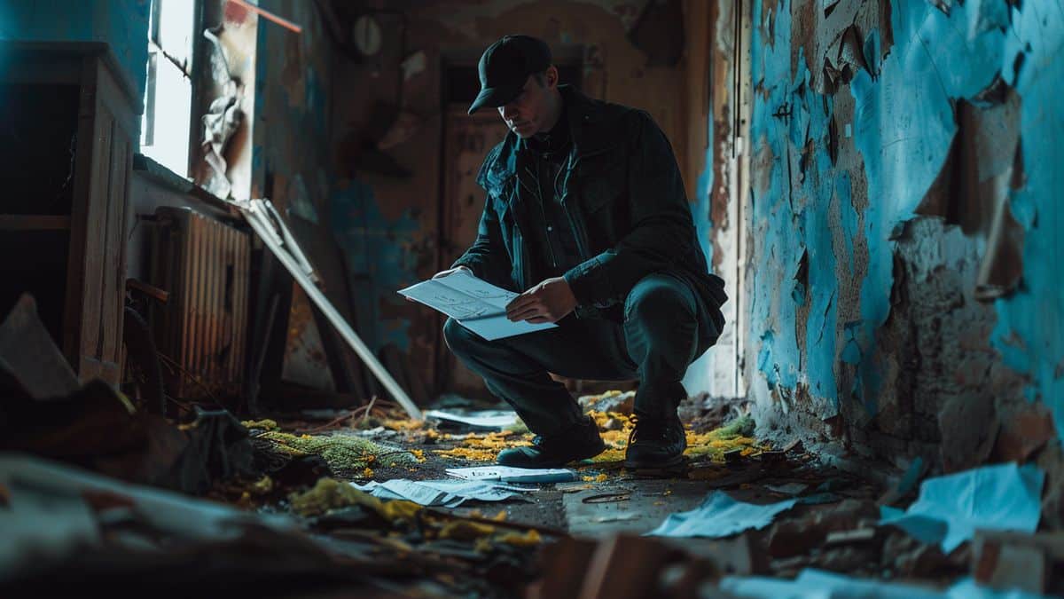 Young officer examining old crime scenes for clues in abandoned buildings.