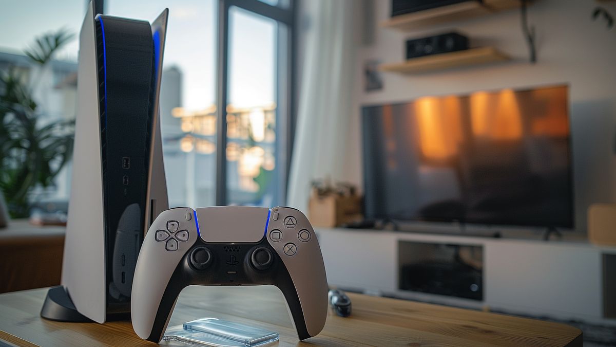 DualSense controller next to a PlayStation console in a living room.