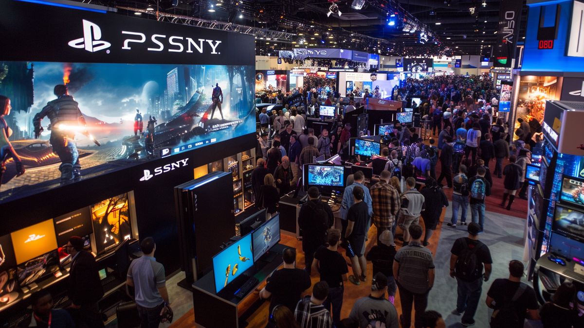 A crowded gaming convention with a prominent Sony booth showcasing the PS