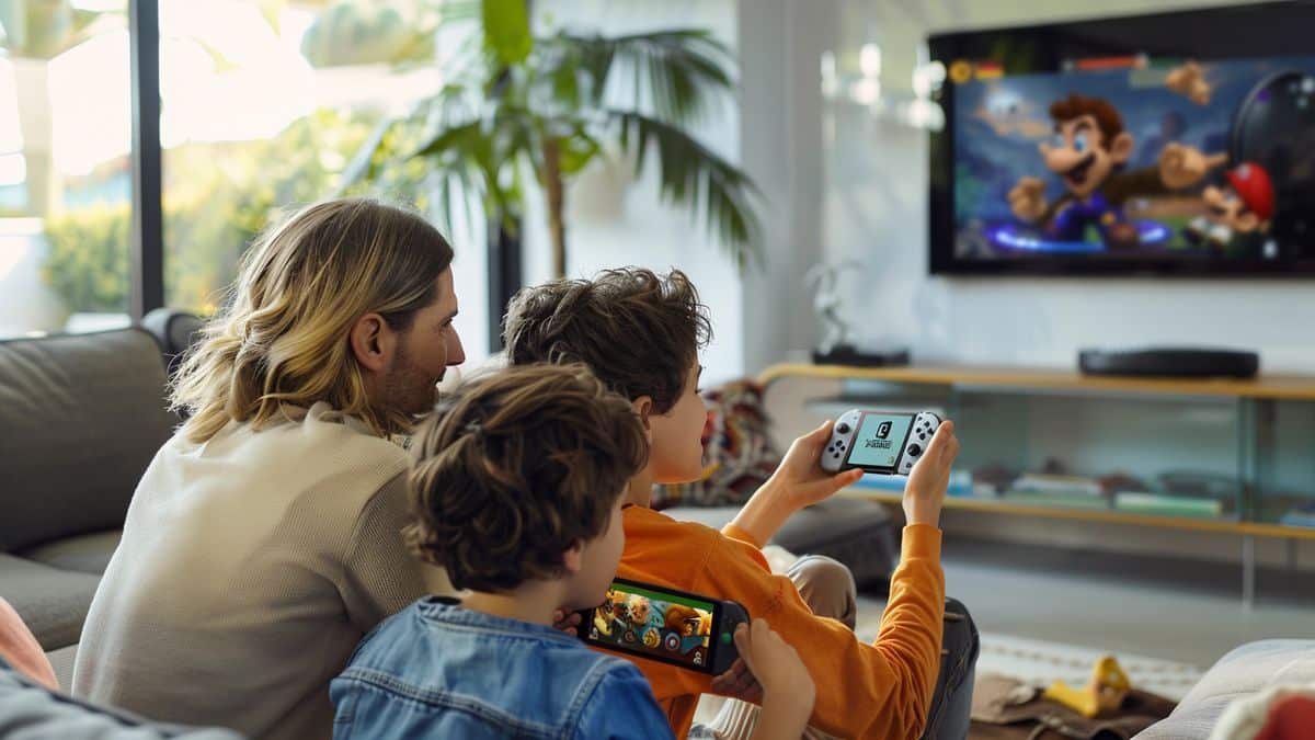 Famiglia che si gode un gioco multiplayer su Nintendo Switch OLED.