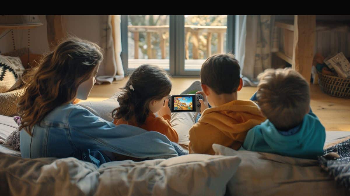 Famiglia che si gode un gioco multiplayer a casa sul Nintendo Switch OLED.