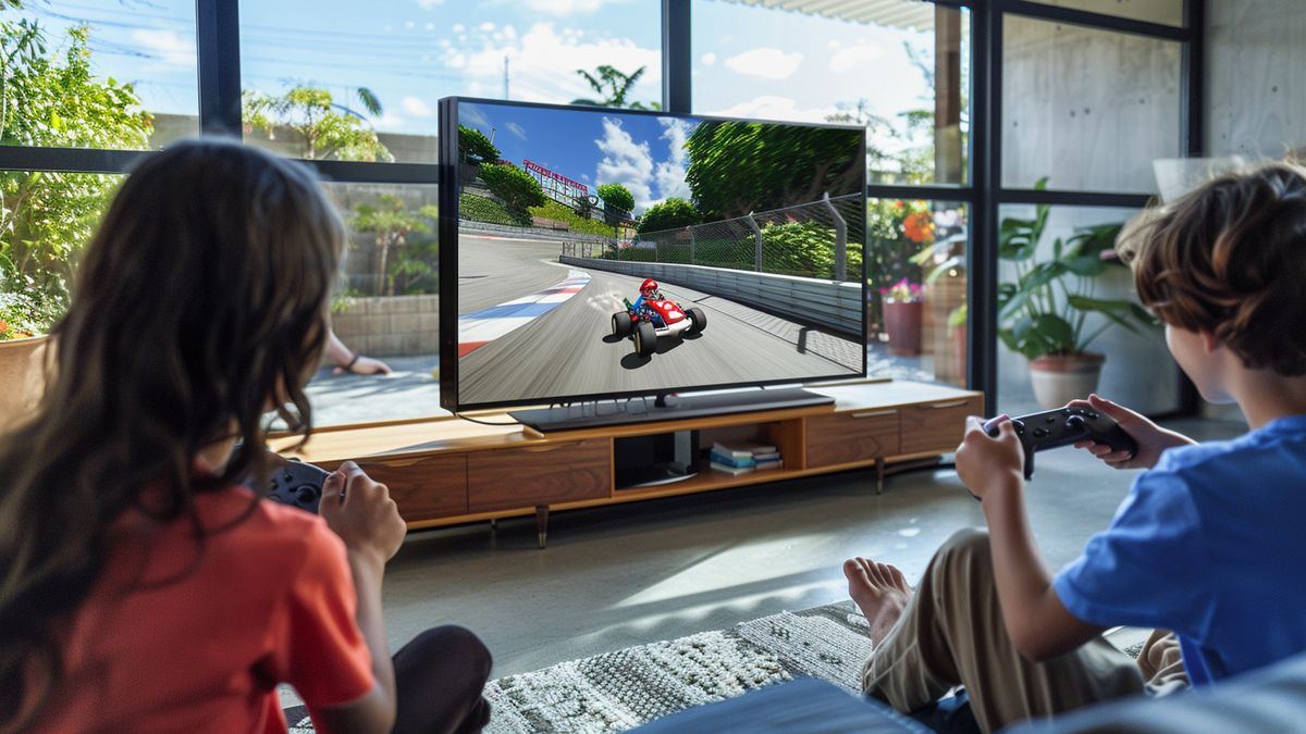 Reunión familiar alrededor del televisor, jugando a Mario Kart en Nintendo Switch OLED.