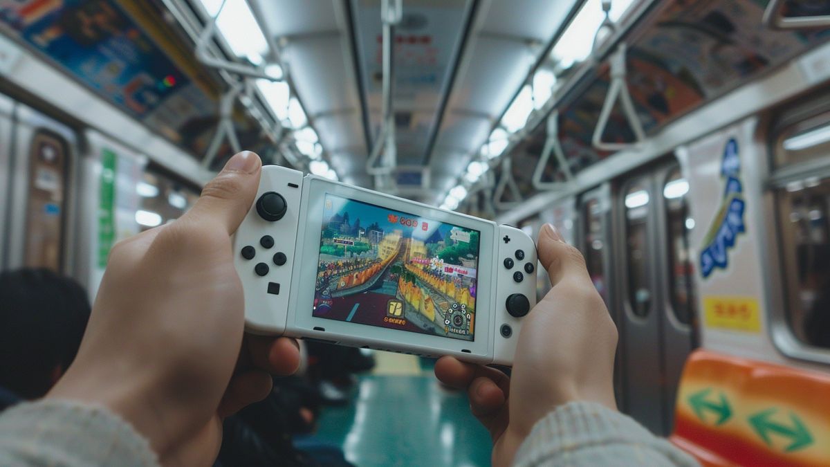 Modo portátil del Nintendo Switch OLED utilizado en un tren.