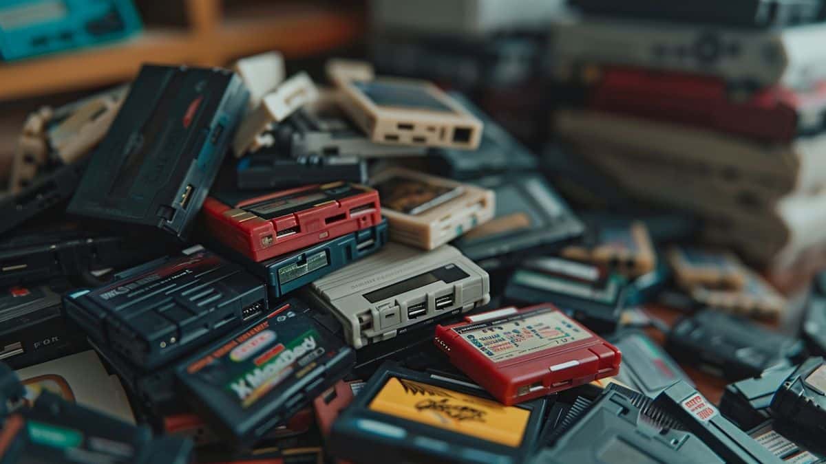 Piles of game cartridges and MicroSD cards scattered on a desk.