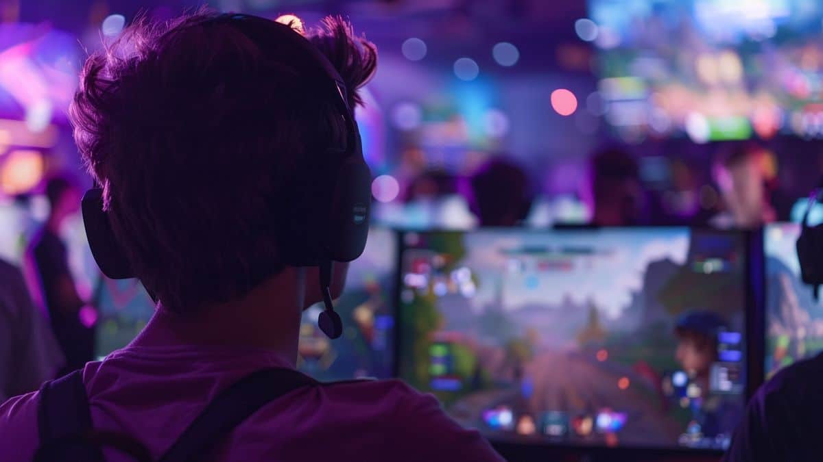 Closeup of gamers competing in a Fortnite tournament in Los Angeles.