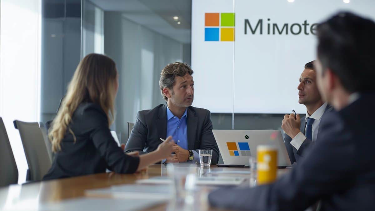 Microsoft executives discussing strategies in a modern boardroom.