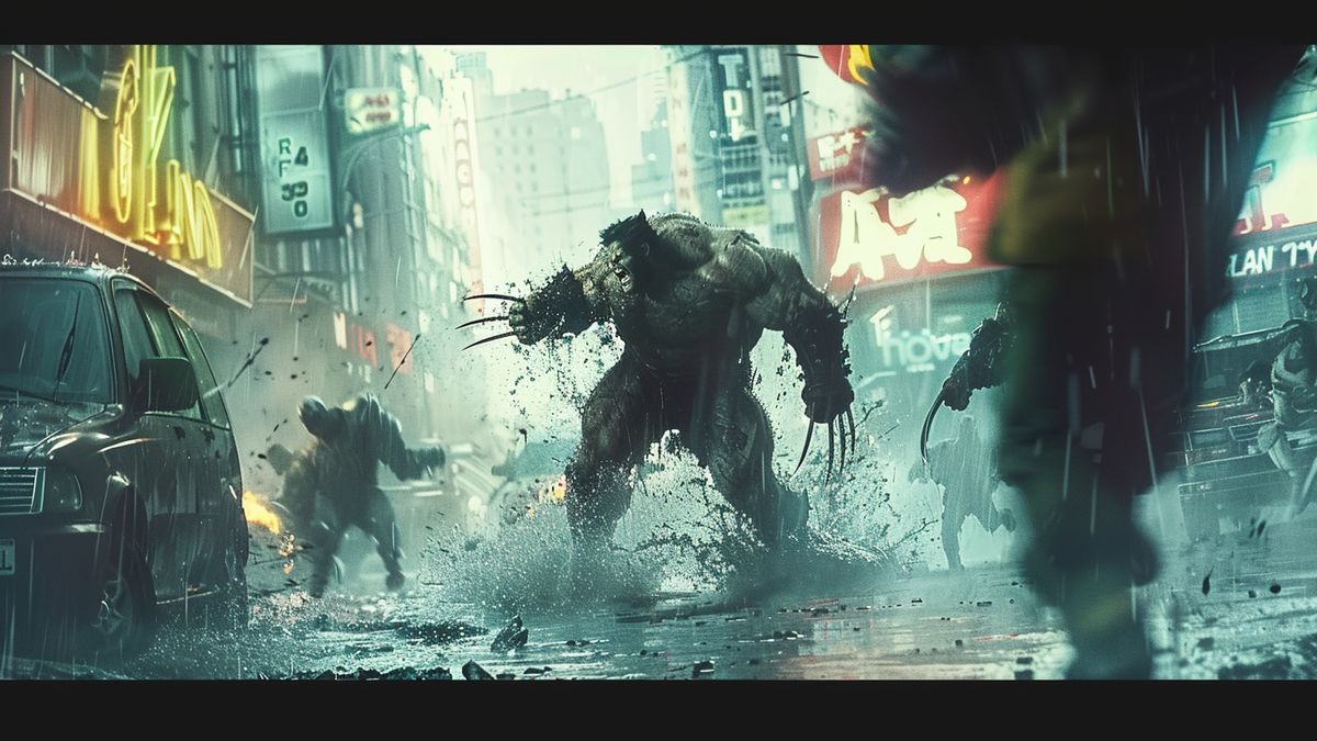 Highoctane action scene featuring Wolverine fighting enemies in a gritty urban setting.