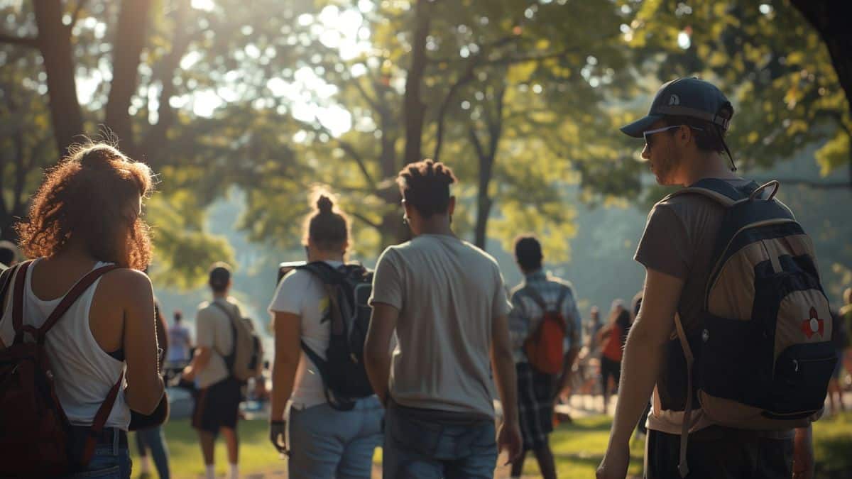 A group of Pokémon GO players gathered in a park, interacting and sharing tips.