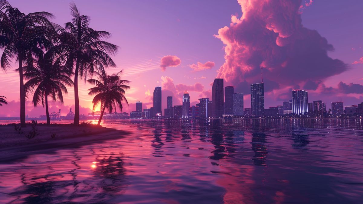 Cityscape of Vice City, a nod to Miami, in the background.