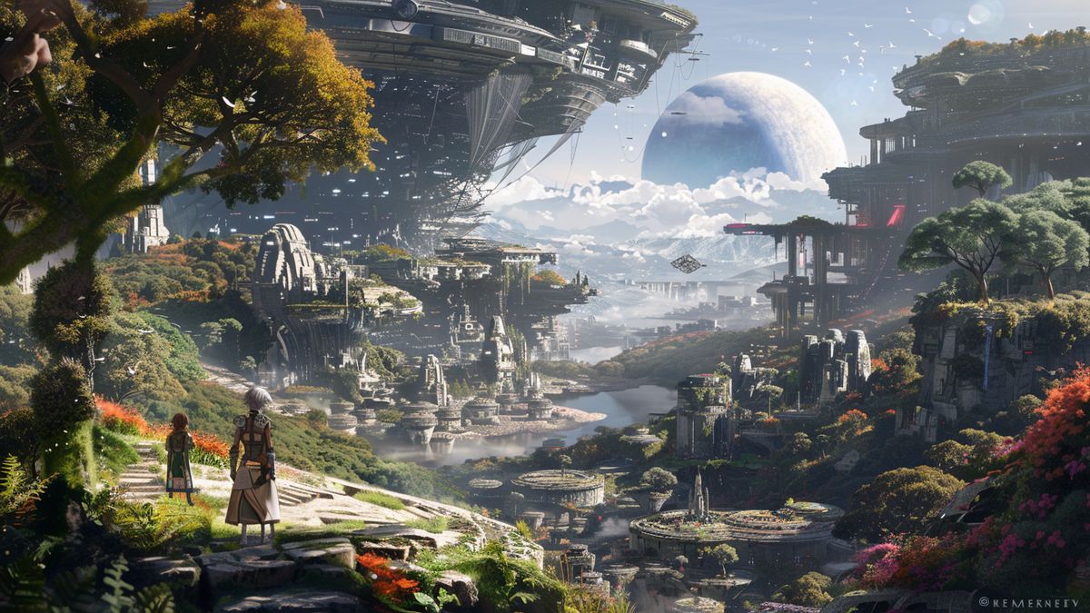Conceptual artwork of Square Enix characters exploring new worlds beyond PlayStation.