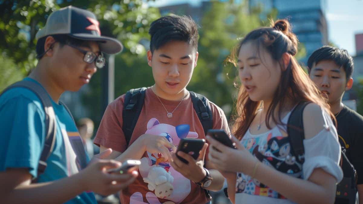 Friends discussing strategies to catch Shundos at a Pokémon Go meetup.