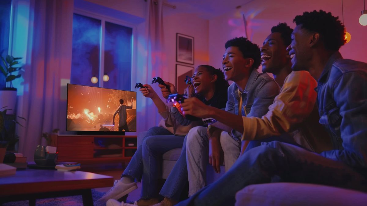 Excited players unboxing the PSdigital edition in a living room setting.