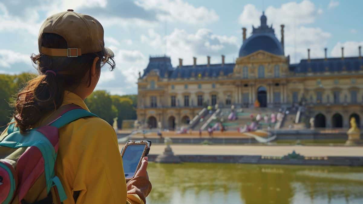 Closeup of a Pokémon trainer exploring Versailles and catching rare Pokémon.