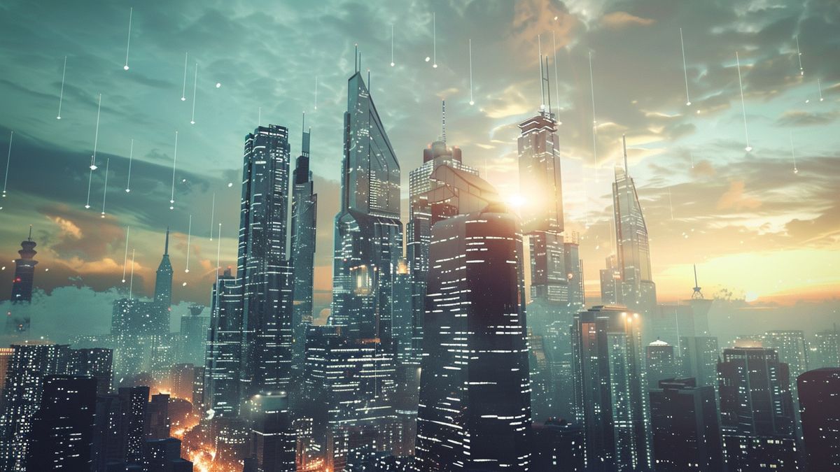 A futuristic cityscape with hints of virtual reality technology integration.