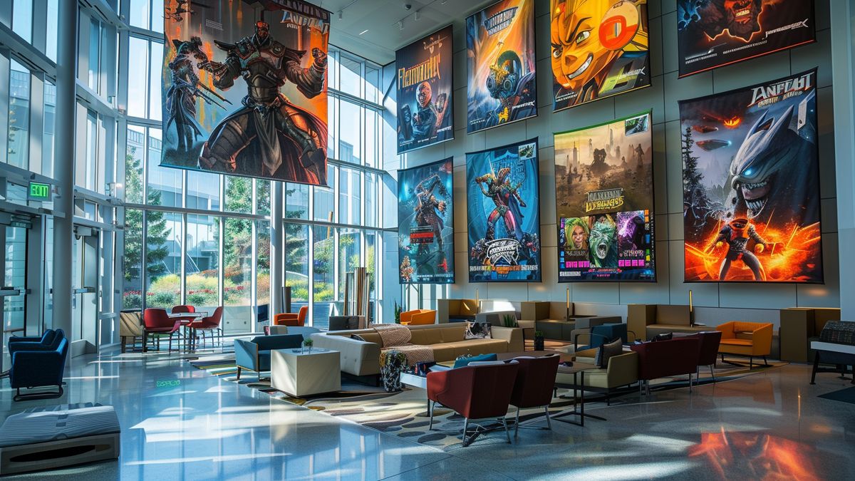 Höfuðstöðvar Microsoft í Redmond, Washington, prýddar ActivisionBlizzard leikjaplakötum.