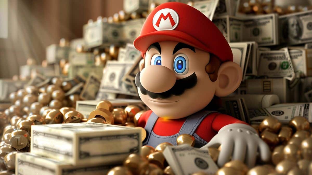 El logotipo de Nintendo aparece de forma destacada junto a un montón de dinero.