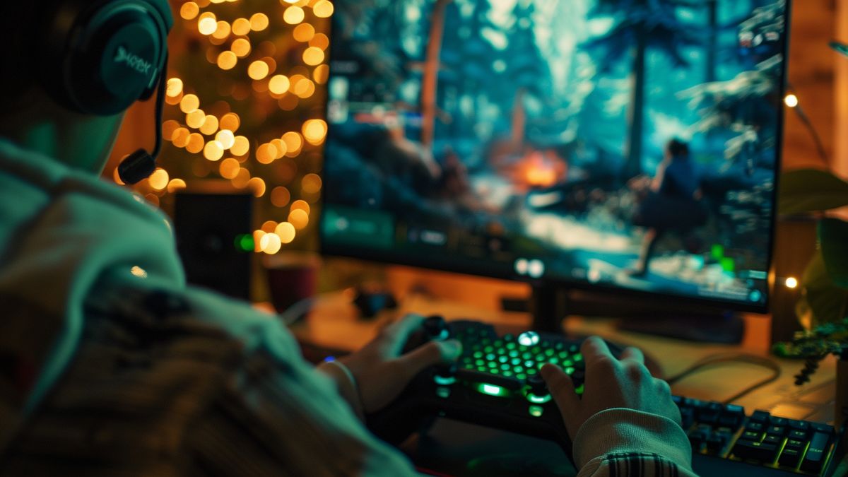 Gamer inmerso en un juego en Xbox Series S usando teclado y mouse.