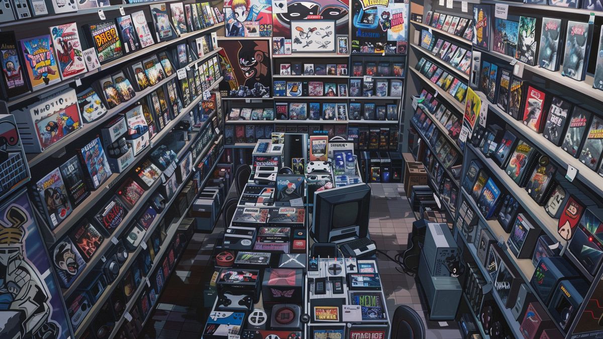 棚がコンソールでいっぱいになっている混雑したゲーム店の平面図。