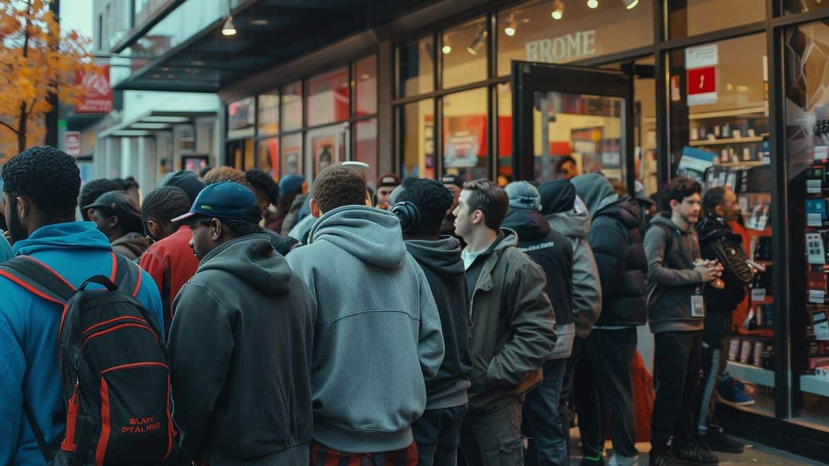 Excited crowd gathered outside a gaming store waiting to purchase the PSPro.
