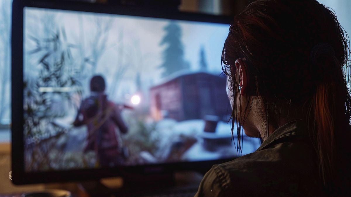 Closeup of a PC screen displaying gameplay of The Last of Us