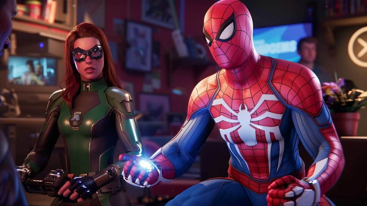 Ingame characters from Marvel Rivals interacting with iconic console symbols.