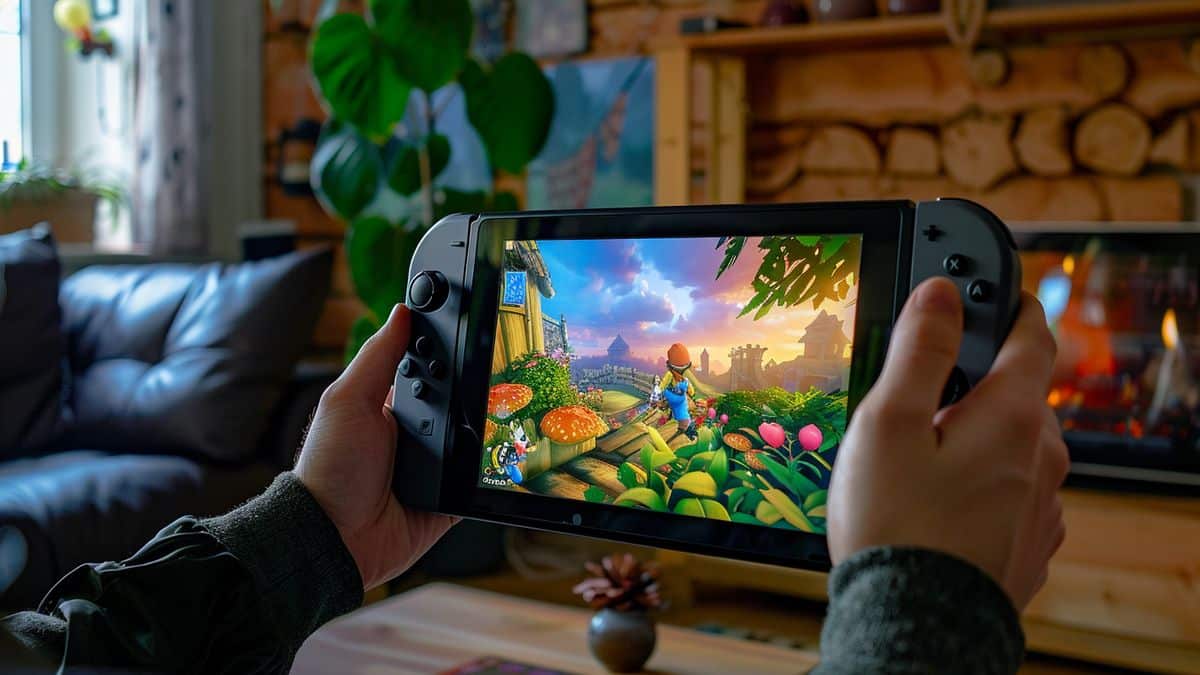 居心地の良いリビングルームで Nintendo Switch OLED で遊んでいる人。