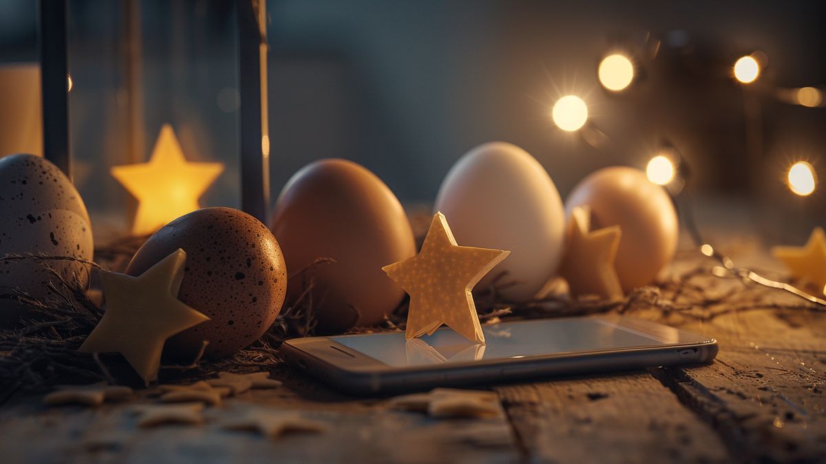 Huevos y trozos de estrellas junto a un smartphone listo para el evento.