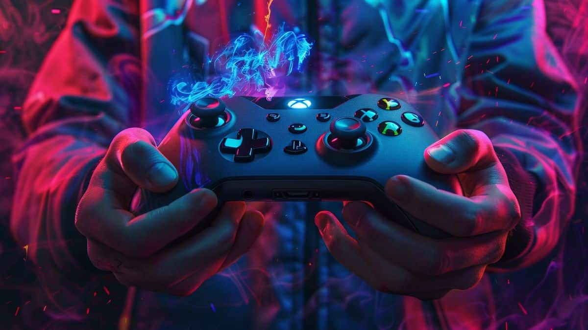 Jugador sosteniendo un controlador con los logotipos de Xbox y PlayStation.