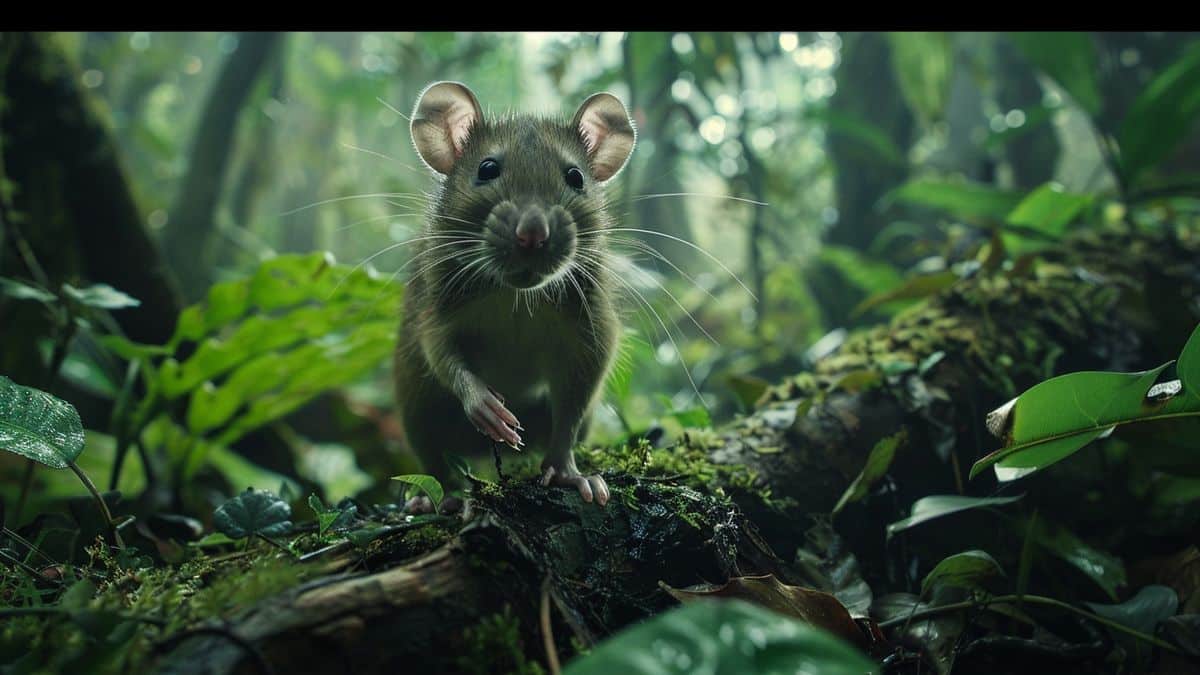 Mouscoto, una rara UltraQuimera, deambulando por un frondoso bosque.