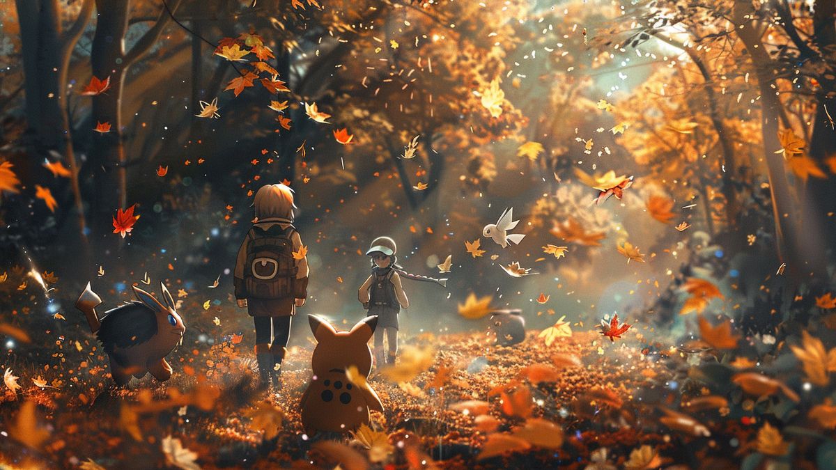 가을철, 3세대 포켓몬이 가득한 숲을 탐험하는 포켓몬 트레이너들.
